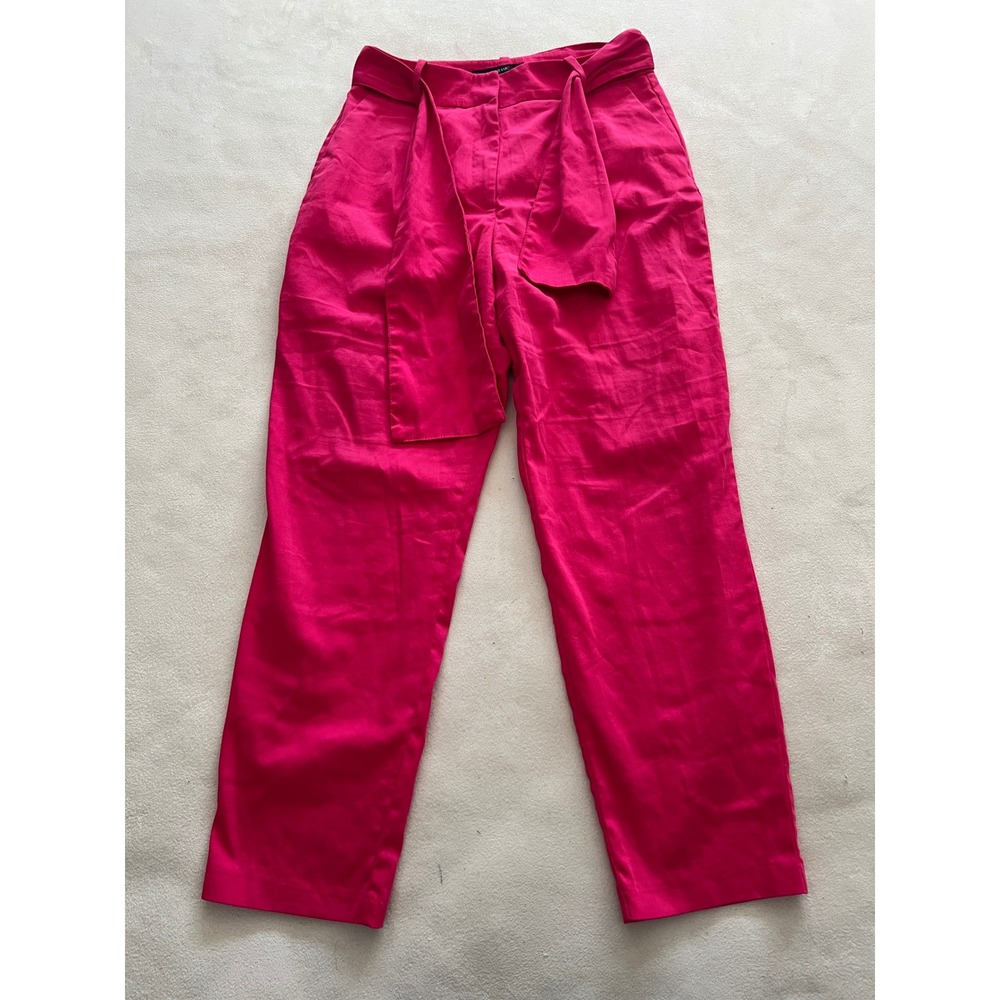 Zara Basic Womens Hot Pink High Waisted Belted Tapered Pants Size M Cotton Blend - Picture 12 of 13
